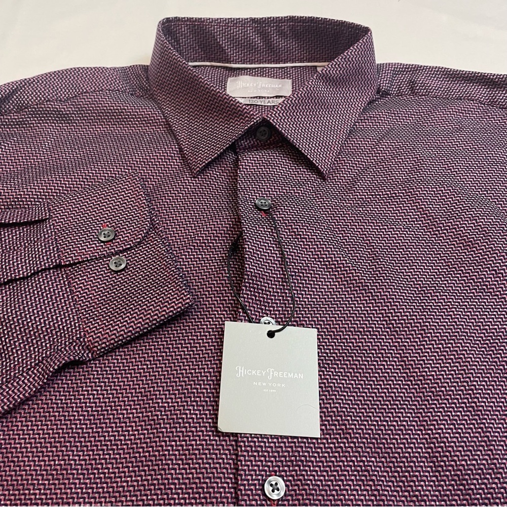 NWT - Hickey Freeman Dress Shirt Red/Navy Geometric Button Down Cotton Men’s XL